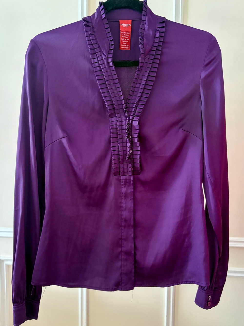 Purple Satin Ruffle-Trim Blouse